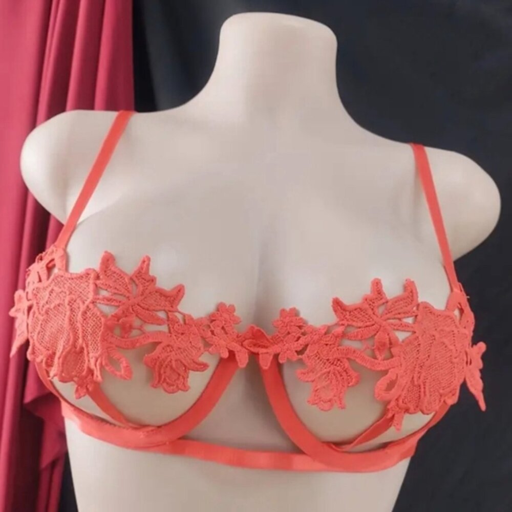 NWT Boutique Sexy Glam Retro Style Floral Embroidered Unpadded Bra S Neon Orange